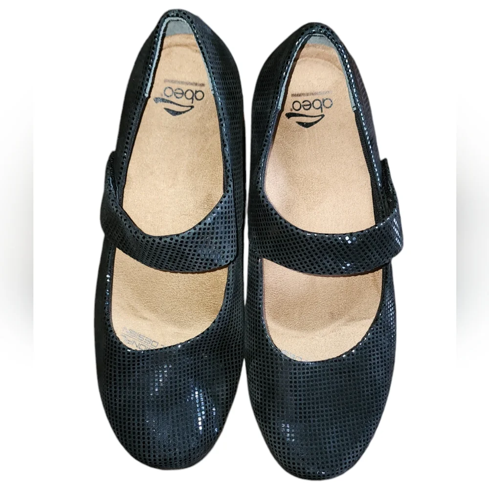 ABEO ELLA Womens 7.5 M Black Geo Print Leather Mary Jane Shoe Adjustable Strap